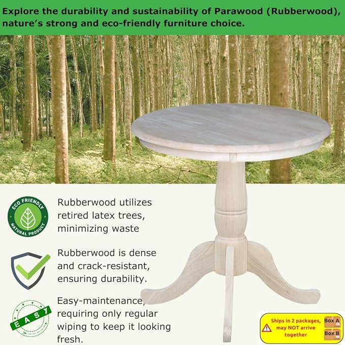 International Concepts 30" Round Top Pedestal Dining Table Solid Real Wood, Sturdy Parawood, Dimensions 30" D x 30" W x 28.8" H, Paint/Stain Ready, Unfinished