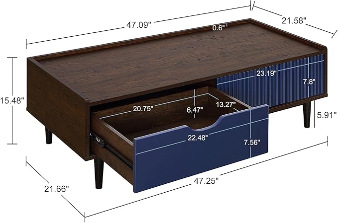 Manhattan Comfort Duane Mid Century Modern Coffee Table with Drawer & Cubby Shelf, Living Room Furniture with Ribbed Flat Design, Wood Grain Laminate Finish & Durable Iron Metal Feet, Navy Blue