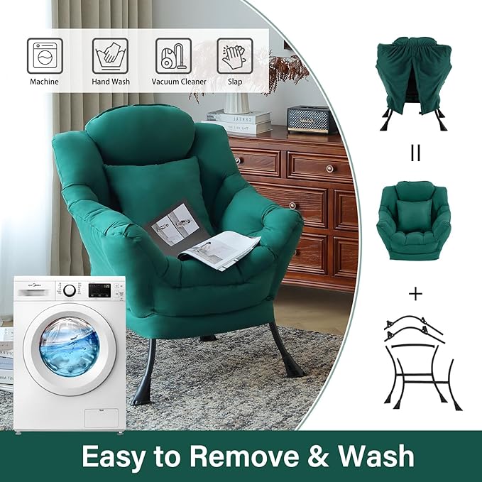 Lazy Chair with Pillow for Living Room, Modern Lounge Accent Chair with Armrests and a Throw Pillow, Leisure Sofa Chair Set, Reading Chair for Bedroom, Dorm Room, Office, Dark Green