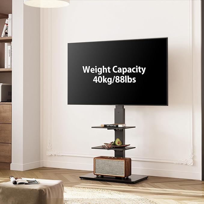 FITUEYES Swivel Floor TV Stand with Mount for TVs 37 43 50 55 60 65 70 75 Inch LCD LED Flat/Curved Screens Universal Swivel Televisions TV Mount Stand for Bedroom Living Room Black Tempered Glass Base