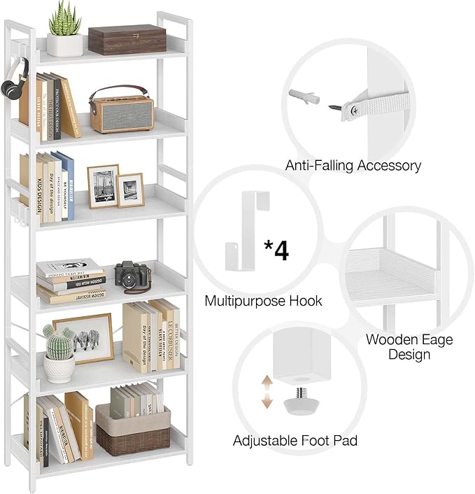 Rolanstar Bookshelf 6 Tier with 4 Hooks, Industrial Bookcase, Vintage Storage Rack with Open Shelves, Rustic Standing Bookshelves Metal Frame Display Rack for Living Room, Bedroom, White