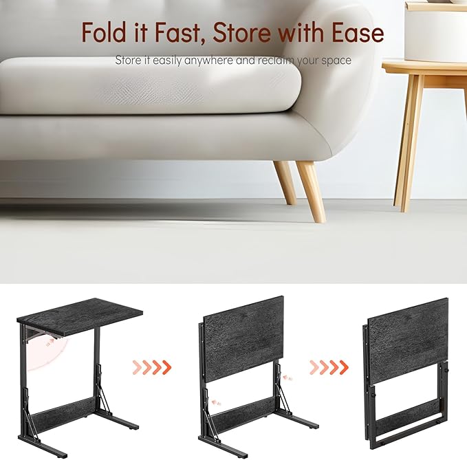 Tatub 24" Folding C Shaped End Table, Small Sofa Side Laptop Desk, Couch TV Tray Table for Living Room, Bedroom, Gray