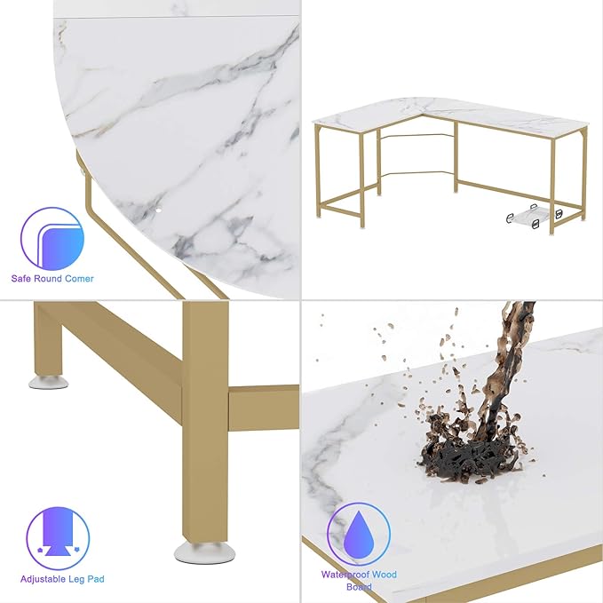 Teraves Reversible L Shaped Desk White - 66.1" Corner Gaming Computer Desk, Office Workstation Modern Home Study Writing Table, Marble Gold