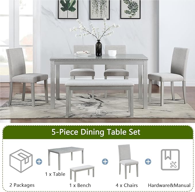soges 6 Piece Wooden Dining Table Set, Dining Room Table with 4 Upholstered Chairs and Bench, Rectangular 6-Person Kitchen Dining Table Set with Crystal Decoration, Silver Grey