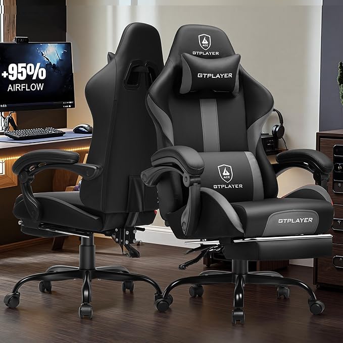 GTRACING Gaming Chair with Foot Rest & Pocket Spring Cushion, Ergonomic High Back Computer Chair with Headrest & 360°-Swivel Seat for Home Office Desk, PU Leather, Dark Gray