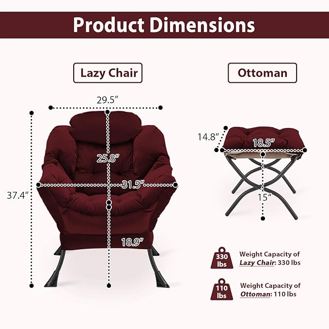 Lazy Chair with Folding Ottoman, Accent Chair Velvet Upholstered with Metal Structure and Non-Slip Pads, Sofa Armchair with Footrest and Side Storage Bag for Dorm, Room, Office, Burgundy