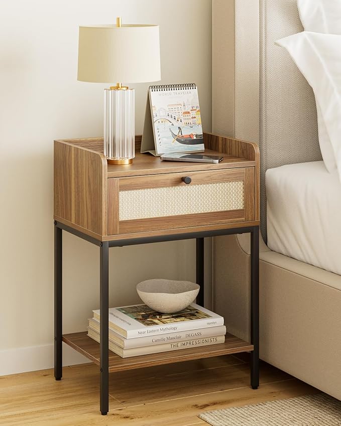 Nightstand,3-Tier Modern Night Stand,Bedside Table with Storage Drawer and Shelf,Small Side Table for Bedroom,Living Room,Walnut Brown