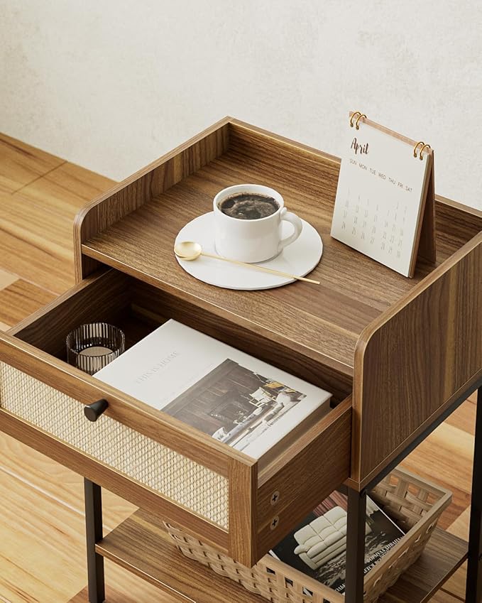 Nightstand,3-Tier Modern Night Stand,Bedside Table with Storage Drawer and Shelf,Small Side Table for Bedroom,Living Room,Walnut Brown