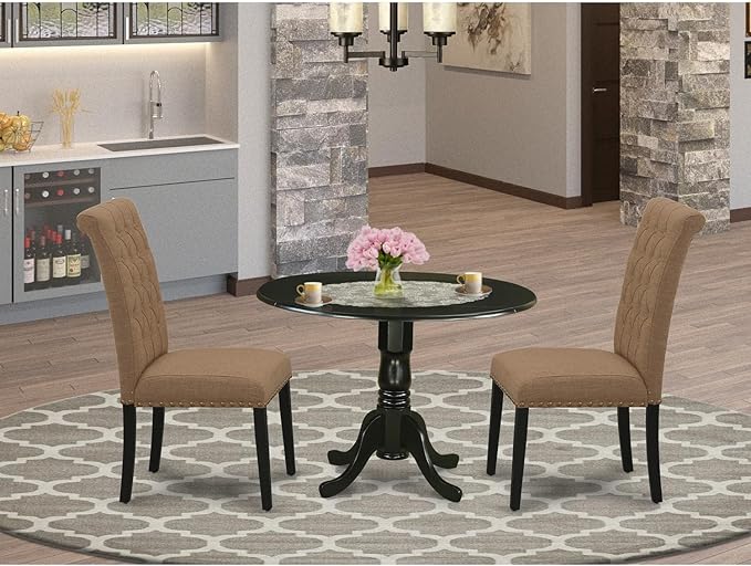 East West Furniture DLBR3-BLK-17 3 Piece Dining Room Furniture Set Contains a Round Dining Table with Dropleaf and 2 Light Sable Linen Fabric Upholstered Chairs, 42x42 Inch, Black