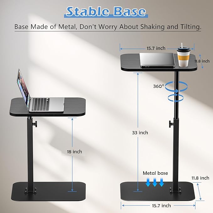 Side Table Sofa Tray for Couch Heavy Metal Base Swivel/Adjustable Height, Sofa Bed Bathroom Study TV Tray C Shaped End Table Food Snack Trays for Eating