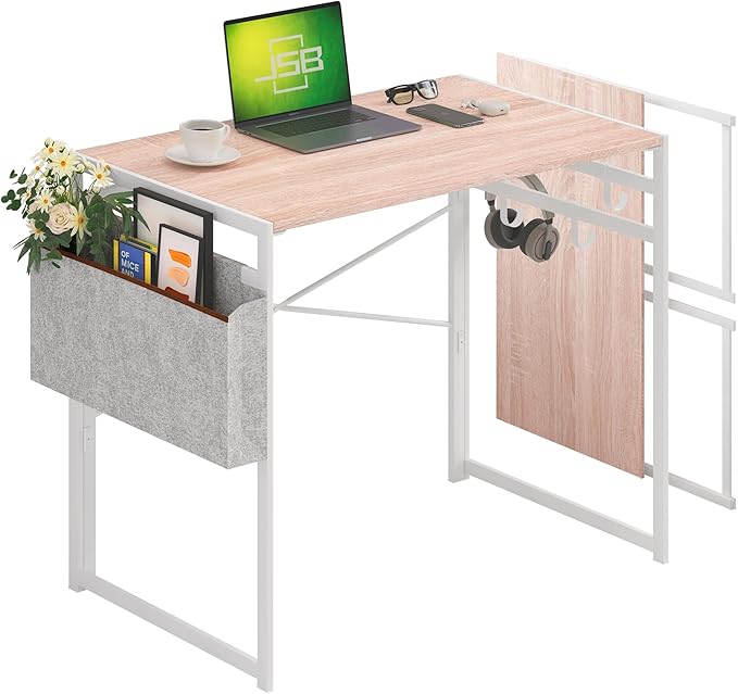 JSB Small Folding Computer Desk with Storage Bag and Hook Writing Modern Industrial Work Table Laptop for Home Office White (Natural & White, 31.5")