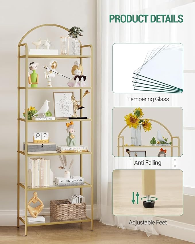 Bookcase Bookshelf, Tempered Glass Bookshelves, Slim Shelving Unit for Bedroom, Bathroom, Home Office, Steel Frame, 6 Tier Gold BC21699G