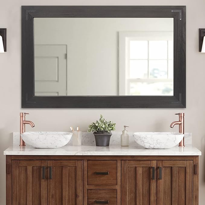 YOSHOOT Rustic Wooden Framed Wall Mirror, Natural Wood Bathroom Vanity Mirror for Farmhouse Decor, Vertical or Horizontal Hanging, 60" x 30", Black