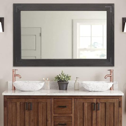 YOSHOOT Rustic Wooden Framed Wall Mirror, Natural Wood Bathroom Vanity Mirror for Farmhouse Decor, Vertical or Horizontal Hanging