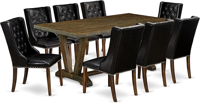 East West Furniture V777FO749-9 9 Piece Dining Room Furniture Set Includes a Rectangle Dining Table with V-Legs and 8 Black Faux Leather Parsons Chairs, 40x72 Inch, Multi-Color