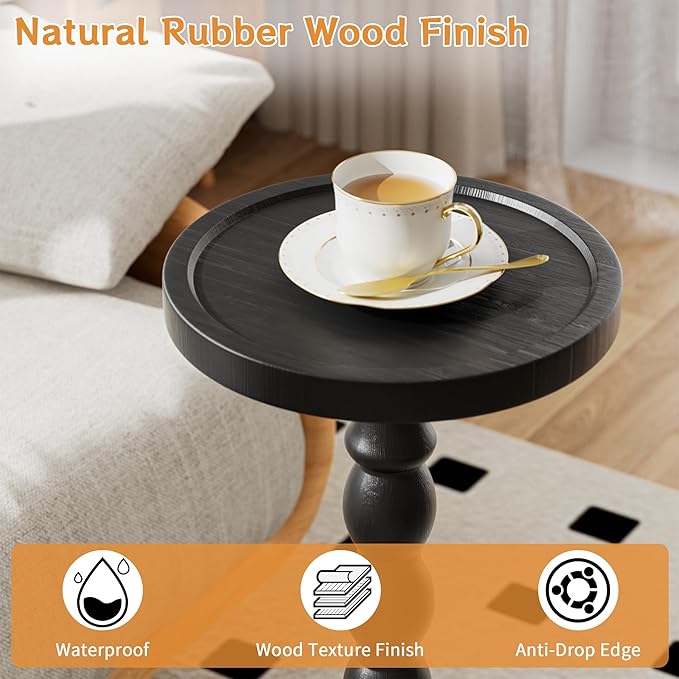 Rubber Wood‌ Small Side Table, Solid Wood‌ Round End Tables for Small Spaces, Martini Tables, Pedestal Drink Table for Living Room, Bedroom, Corners, and Office (Black, 9.4inch)