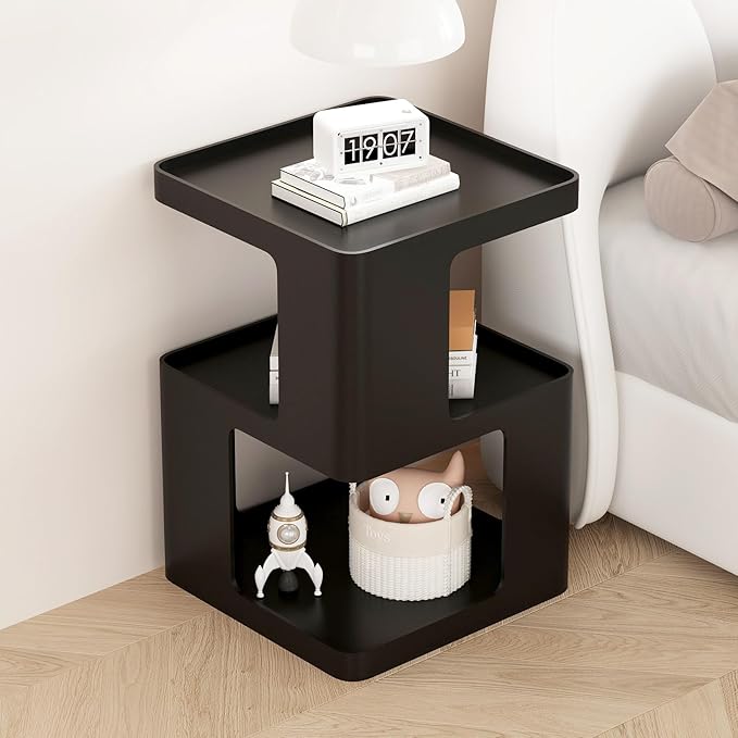 Metal Black Nightstands, Modern Side Table with 3 Tiers Storage, Small End Table for Couch, Bedside Tables No Assembly Required