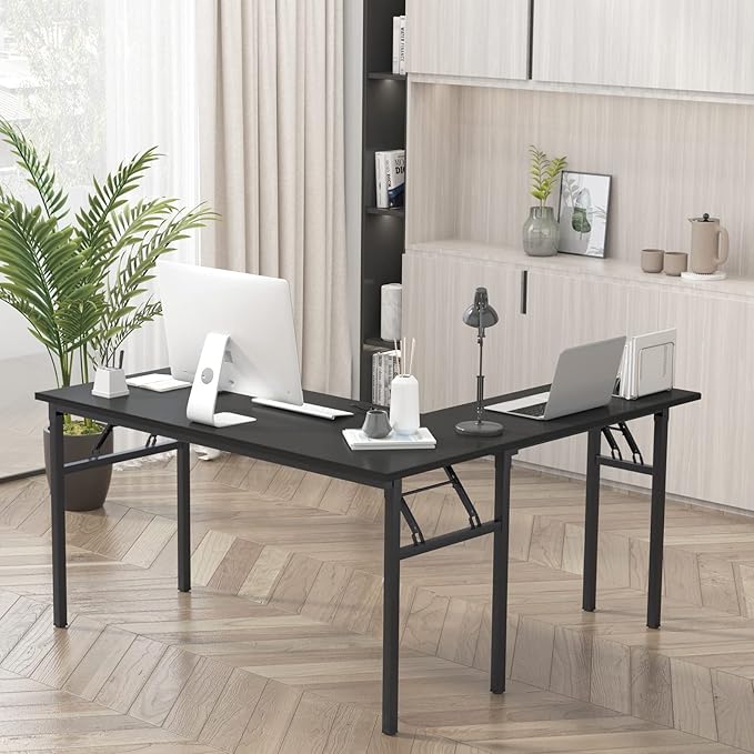 DlandHome Reversible L-Shaped Desk Large Corner Desk Folding Table Computer Desk Home Office Table Computer Workstation,Black-N