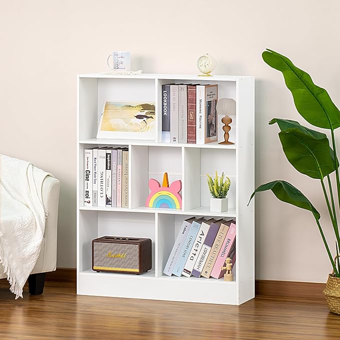YAHARBO White 7 Cube Bookshelf,3 Tier Modern Horizontal Bookcase,Wooden Low Book Shelf Display Storage Cabinet with Base,Floor Standing Short Bookshelves Open Organizer for Bedroom,Living Room,Office