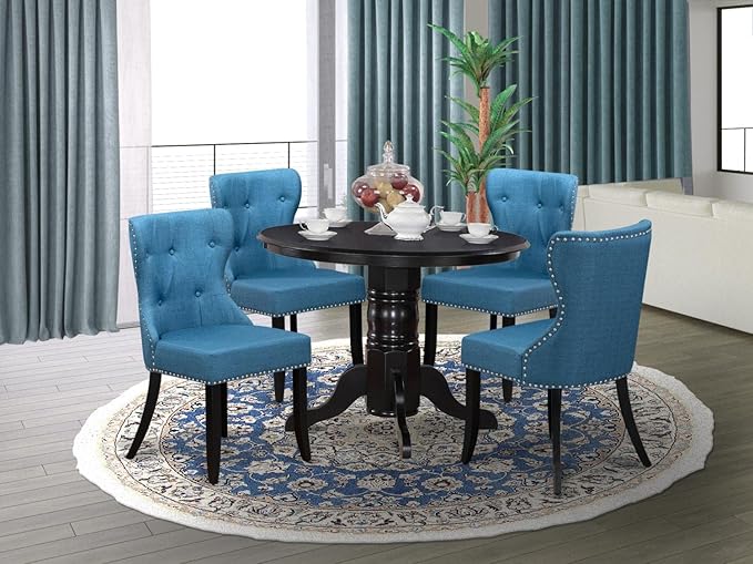 East West Furniture SHSI5-BLK-21 5 Piece Dining Table Set for 4 Includes a Round Kitchen Table with Pedestal and 4 Blue Linen Fabric Parsons Dining Chairs, 42x42 Inch, Black
