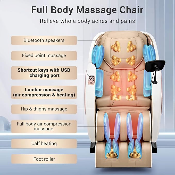 Massage Chair Full Body with Heat, Full Body Zero Gravity Shiatsu Massage Chair, Kneading Recliner w/ 20 Auto Modes, Foot Massage, Bluetooth, USB Charging Port, Touch Screen Controller