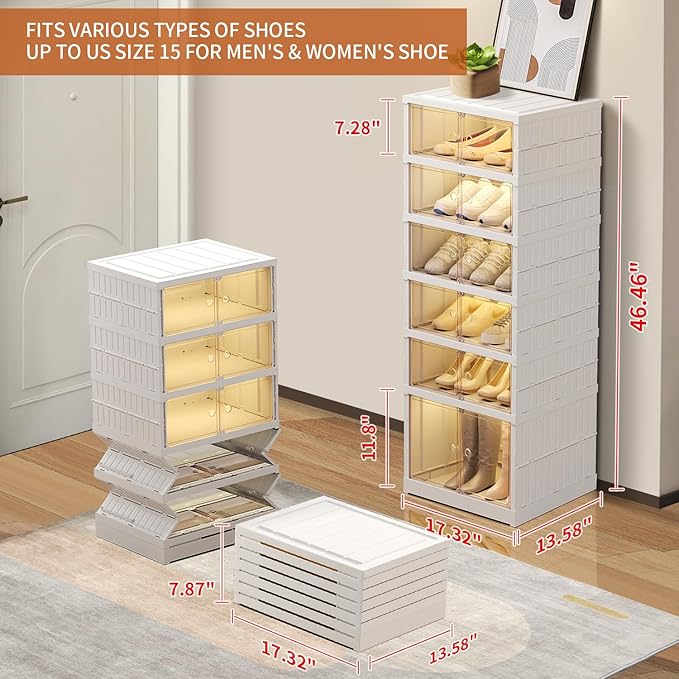 6 Tier Foldable Shoe Rack Organizer for Closet 6-12Pairs Plastic Collapsible Shoe Racks Shelf Stackable Clear Folding Shoes Storage boxes for Small Spaces Narrow Shoe Storage Cabinet