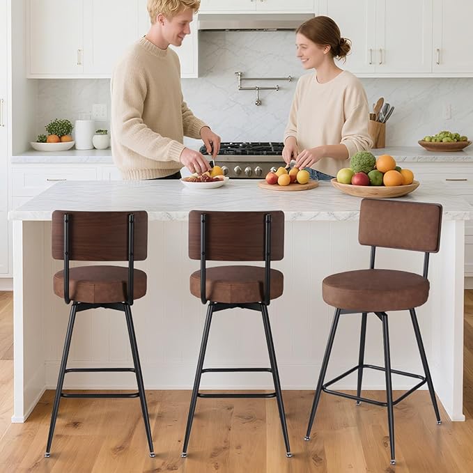 Bar Stools Set of 2, 25 Inch Swivel Bar Stools Bar Chairs, Faux Leather Counter Height Bar Stools with Backrest, Stools for Kitchen Counter Island Rustic Farmhouse, Brown