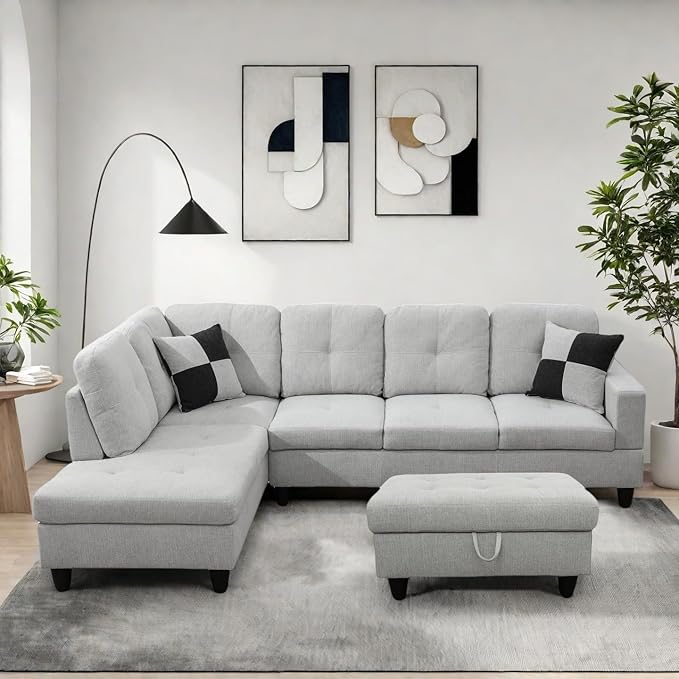 Modern Living Room Furniture Sets with Pillows, Modular Sectional Couches with Chaise Lounge, 4-Seaters L Shape Sofa with Storage Ottoman, for Living Room, Light Grey