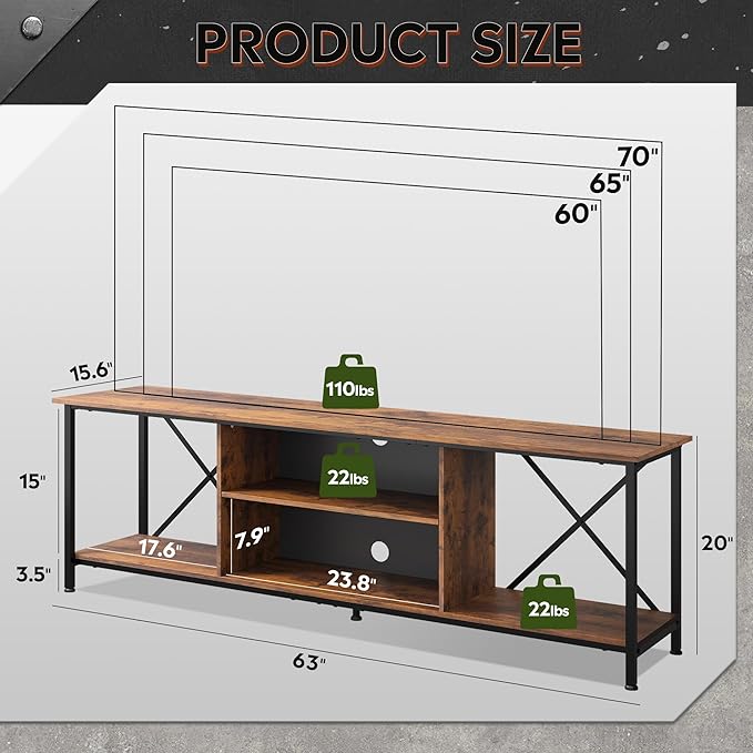WLIVE TV Stand for 70 Inch TV, Entertainment Center with Storage, Industrial TV Console for Living Room and Bedroom, Rustic Brown
