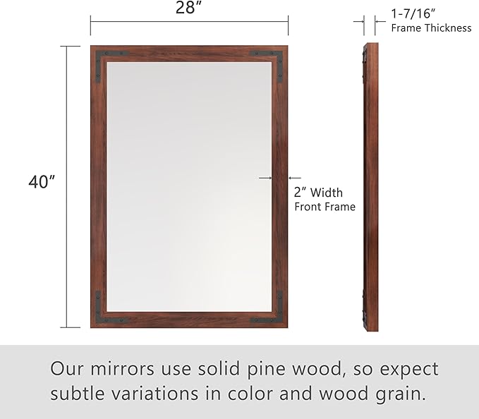 VocalStar Rustic Wood Framed Mirror 28 x 40 Inch, Natural Dark Brown Wooden Rectangle Bathroom Vanity Wall Mirror for Farmhouse Boho Decor, 1/4-inch Shatterproof Glass | Waterproof