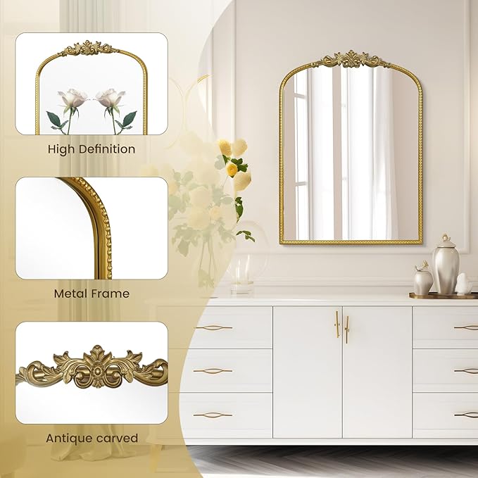 WallBeyond Gold Vintage Mirror - 22x30 Inch, Arched Antique Mirror with Ornate Frame for Bathroom, Living Room, Fireplace, Entryway