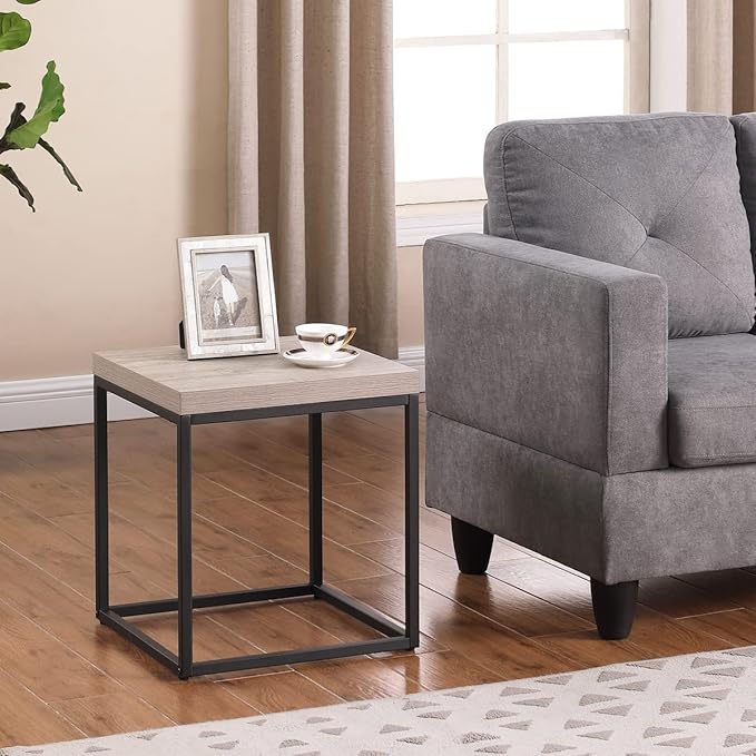 CENSI 18-Inch Grey Wash Accent End Table/Side Table for Living Room, Modern Industrial, Square, Metal and Wood (French Oak)