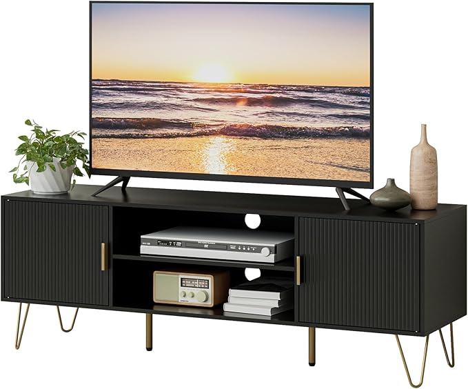 TV Stand for 55-65 inch TV, Entertainment Center with Soft Hinge Door,TV Console Table with 2 Cabinets with Gold Handle and Feet,for Living Room, Bedroom, Black