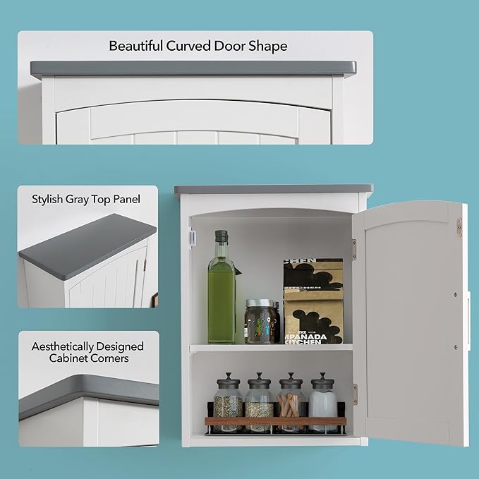 Bathroom Wall Cabinet 15 x 20 Inch Small Wall Cabinets Single Door Over Toilet Medicine Cabinet for Small Bathrooms - Matte White Finish with Gray Top, Soft Close Hinges