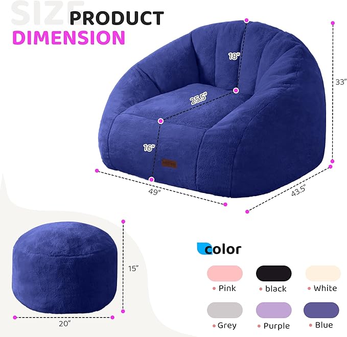HABUTWAY Bean Bag Chair, Giant Bean Bag Chairs for Adults with Ottoman, Comfy Faux Fur Shell-Shaped Bean Bag Couch, Sofa Chair for Living Room, Bedroom, Navy Blue