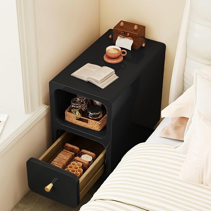 Solid Wood Nightstand, Narrow Night Stand with Drawers, Black Mid Century Modern Nightstand, Small Beside Table with Open Storage Shelf for Bedroom (10 inch)