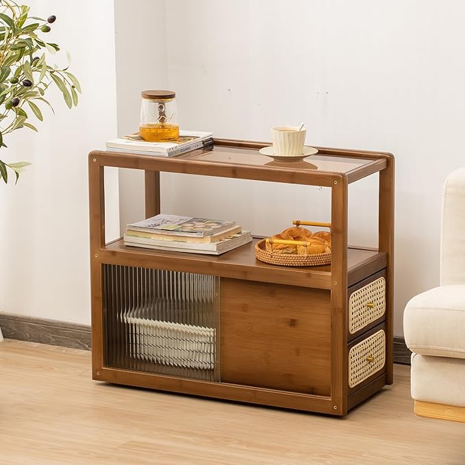 Bamboo Side Table Nightstand with Rattan Drawer & Glass Top – Multi-Function End Table, Nightstands with Storage for Bedroom, Living Room, and Small Spaces, Walnut