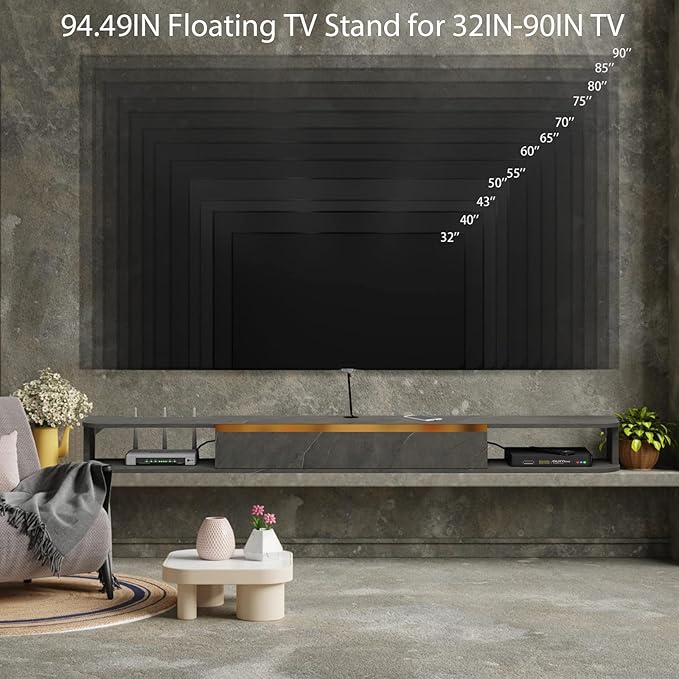 Floating TV Stand, 95'' Wall Mounted Entertainment Center TV Media Console, Floating Shelves with Door, Floating TV Cabinet Large Storage TV Bench for Living Room (Dark Grey, 94.49IN)