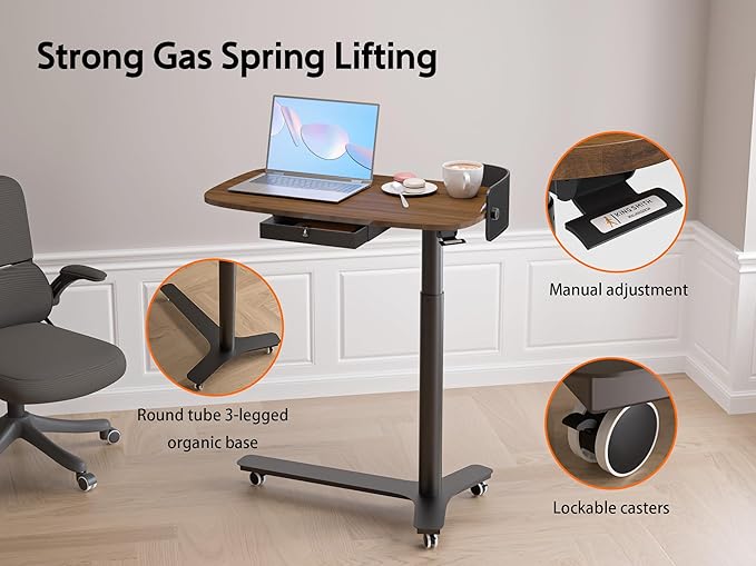 Pneumatic Mobile Standing Desk with Drawer, 28"-43" Height Adjustable, Rolling Desk with Leather Fence & 360° Wheels, for Home/Office (Left/Right Convertible), Dark Walnut