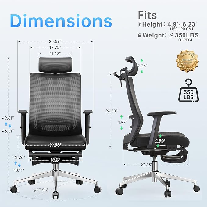 Ergonomic Office Chair, Adjustable Lumbar &Headrest, 3D Armrests, Silent Wheels, 145° Reclining Chair with Footrest, Large Steel Base, 350 LBS Swivel Desk Chair