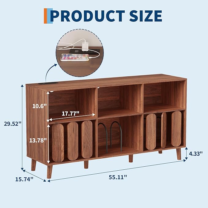 Large Record Player Stand, Record Player Table Vinyl Record Storage Holder Records Cabinet Organizer with Power Outlet for Living Room, Walnut