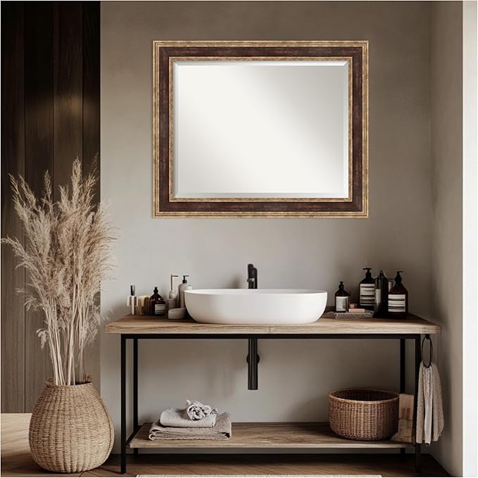 Amanti Art Bronze Bathroom Mirror for Over Sink, 28x34 Ridge Light Bronze Rectangle Vanity Mirror, Large Traditional Frame, Hangs Horizonally and Vertically, Bathroom Wall Decor, Beveled Edge