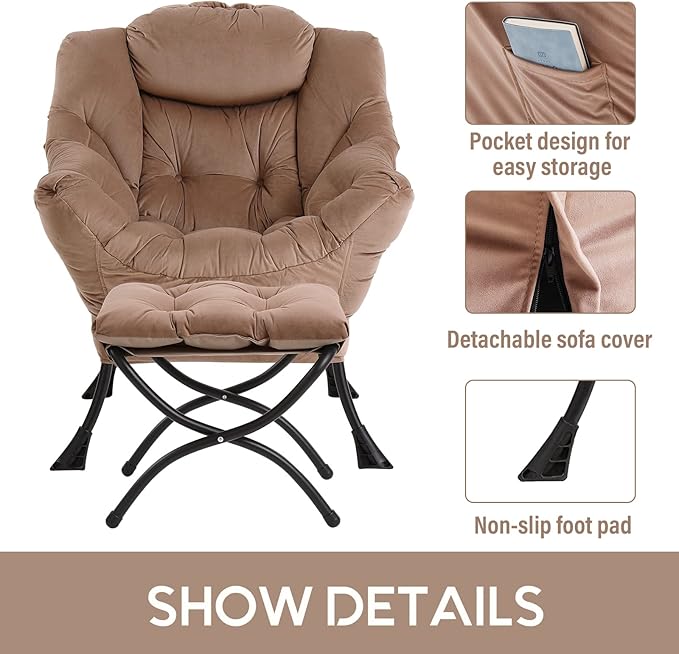 LITA Velvet Dark Brown Contemporary Accent Leisure Upholstered Sofa Chair with Ottoman, Modern Lounge Reading Chair for Living Room, Bedroom & Small Space