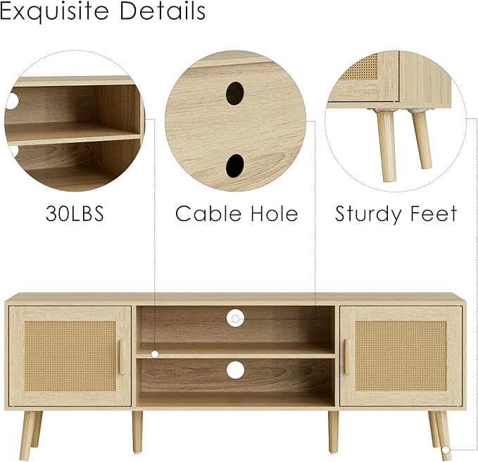 TV Stand for 55-65inch TV, Rattan Entertainment Center with Soft Hinge Door,TV Console Table with 2 Cabinets with Gold Handle and Feet,for Living Room, Bedroom, Natural