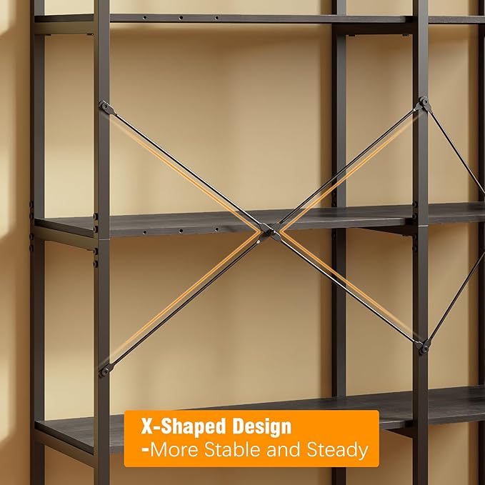 Tohomeor Bookshelf 5 Tier Deformable Corner Bookcase Free Standing Modern Industrial Book Storage Display Book Shelf for Bedroom Living Room Study Room Office (Dark Grey)