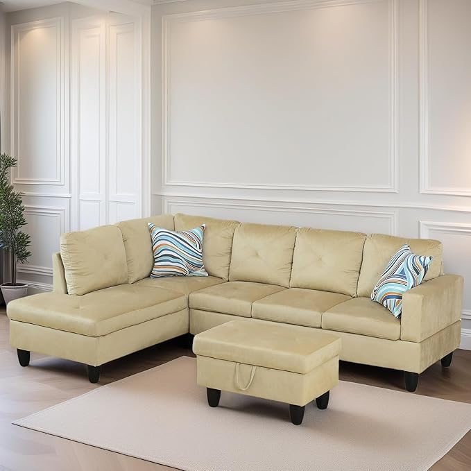 L Shaped Sectional Couch Sofa, Modern Couches for Living Room, Comfy 4 Seat Modular Sectional Sofa with Ottoman Storage for Bedroom Apartment, Beige