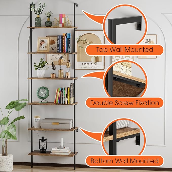 Bookcase Rustic Brown 6 Tiers Modern Bookshelf Room Organizer Open Tall Wall Mount Bookcase Standing Leaning Wall Shelves Industrial Decorative Living Room Bed Room (Rustic Brown)
