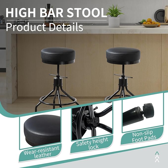 Industrial Bar Stools Set of 3 Adjustable Barstools Swivel Modern PU Leather 28inch Round Backless Kitchen Counter Height Metal Stool Bar Chair for Kitchen Island (3, Black)