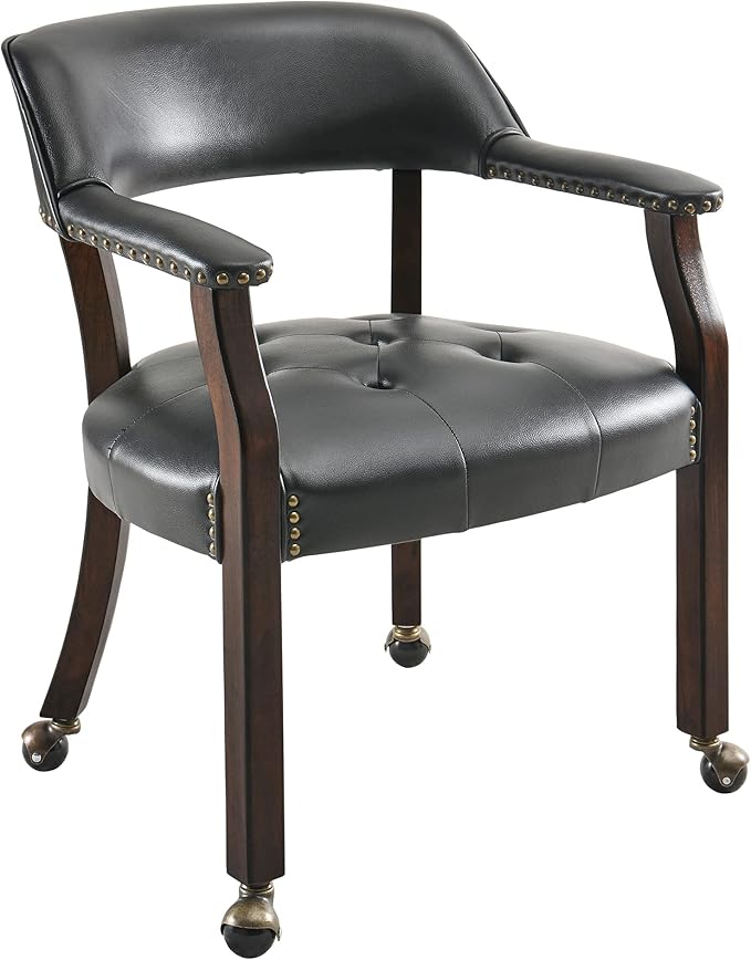 LEEMTORIG Large Dining Chairs with Casters and Arms, Rolling Dining Chairs with Wheels, Accent Game Poker Chairs, Boss Caption's Chairs, 26" D x 25.2" W x 31.5" H, Espresso Legs & Black PU, SY-318-BK