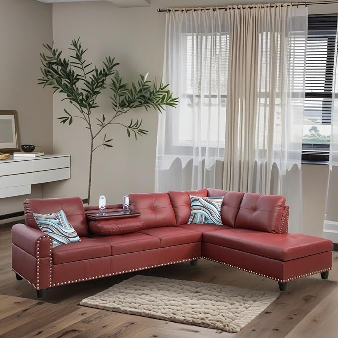 L-Shaped Sectional Sofa, Modern Sectional Couches Home Sofas for Living Room with Movable Chaise, Modular Living Room Sets Furniture for Apartment Bedroom & Office, Red